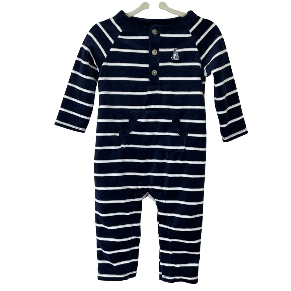 Janie‎ and Jack Navy Blue White Striped Velour Henley Romper 6-12 Months NEW